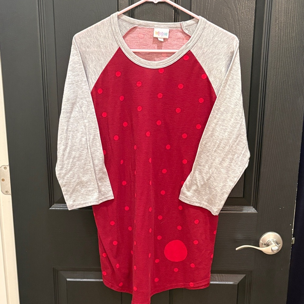 LuLaRoe Red Polka Dot Raglan Long Sleeve Top with Light Gray Sleeves